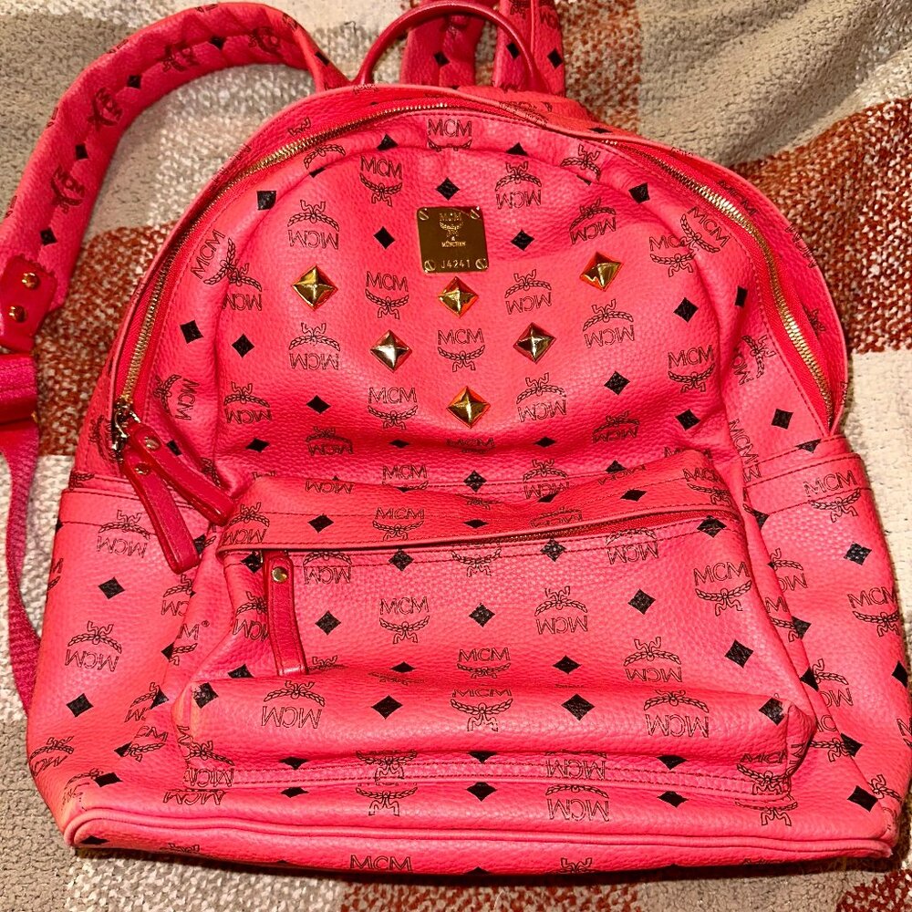 Authentic MCM Red Visetos Coated Canvas Large Studded Stark Backpack